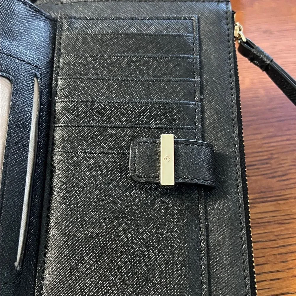 Kate Spade saffiano cross grain black leather wristlet wallet with gold tone